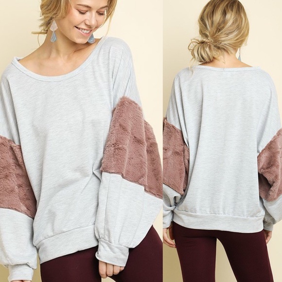 Umgee Tops - Soft Mauve Fur Bubble Sleeve Oversized Grey Top!